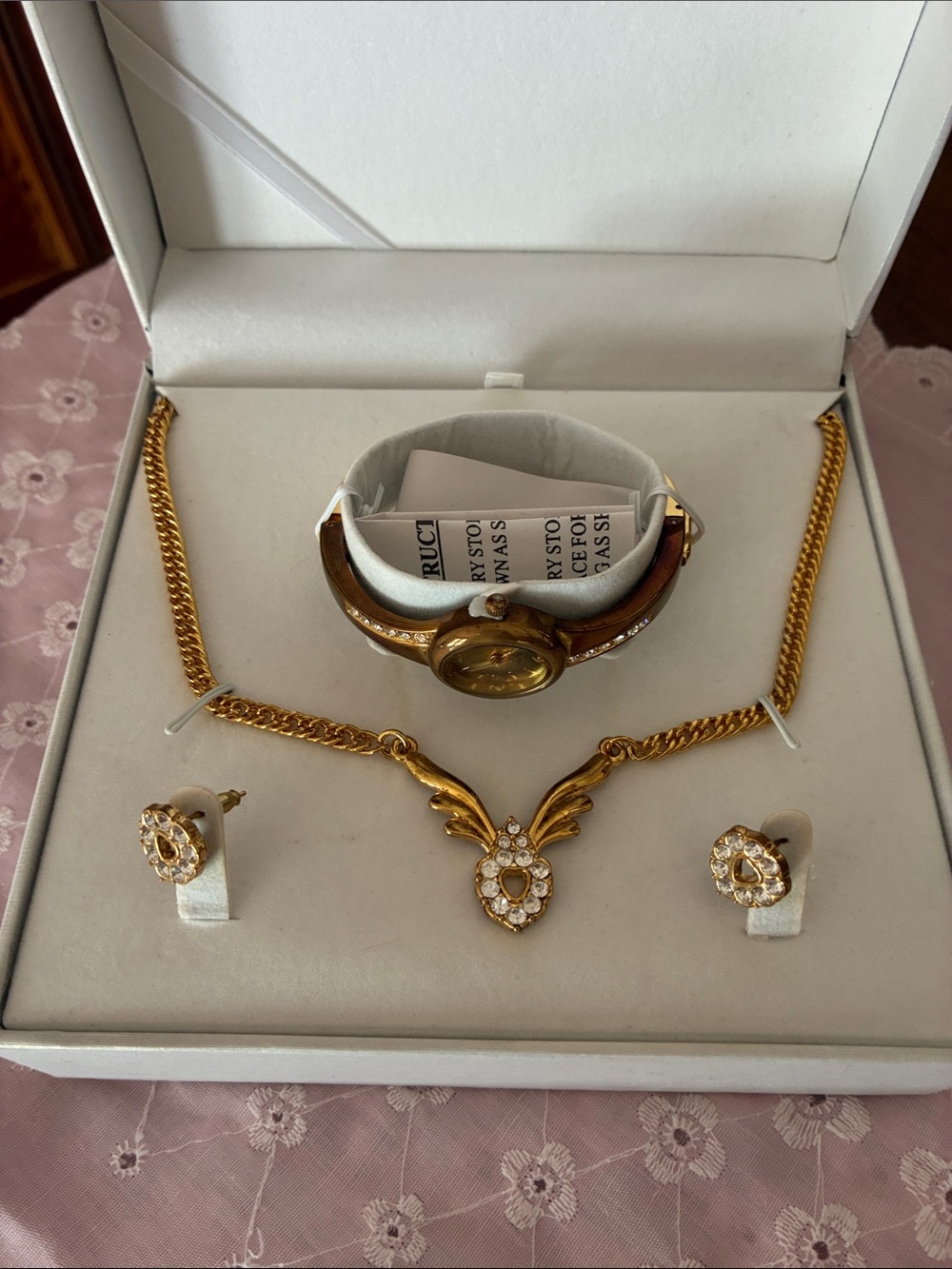 Gold-tone Necklace, Earrings & Brown Strap Watch Set